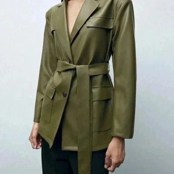 Army Green Elegant Women's Front Button Pocket Belted Long Sleeve Blazer Jacket - Picture 7 of 8